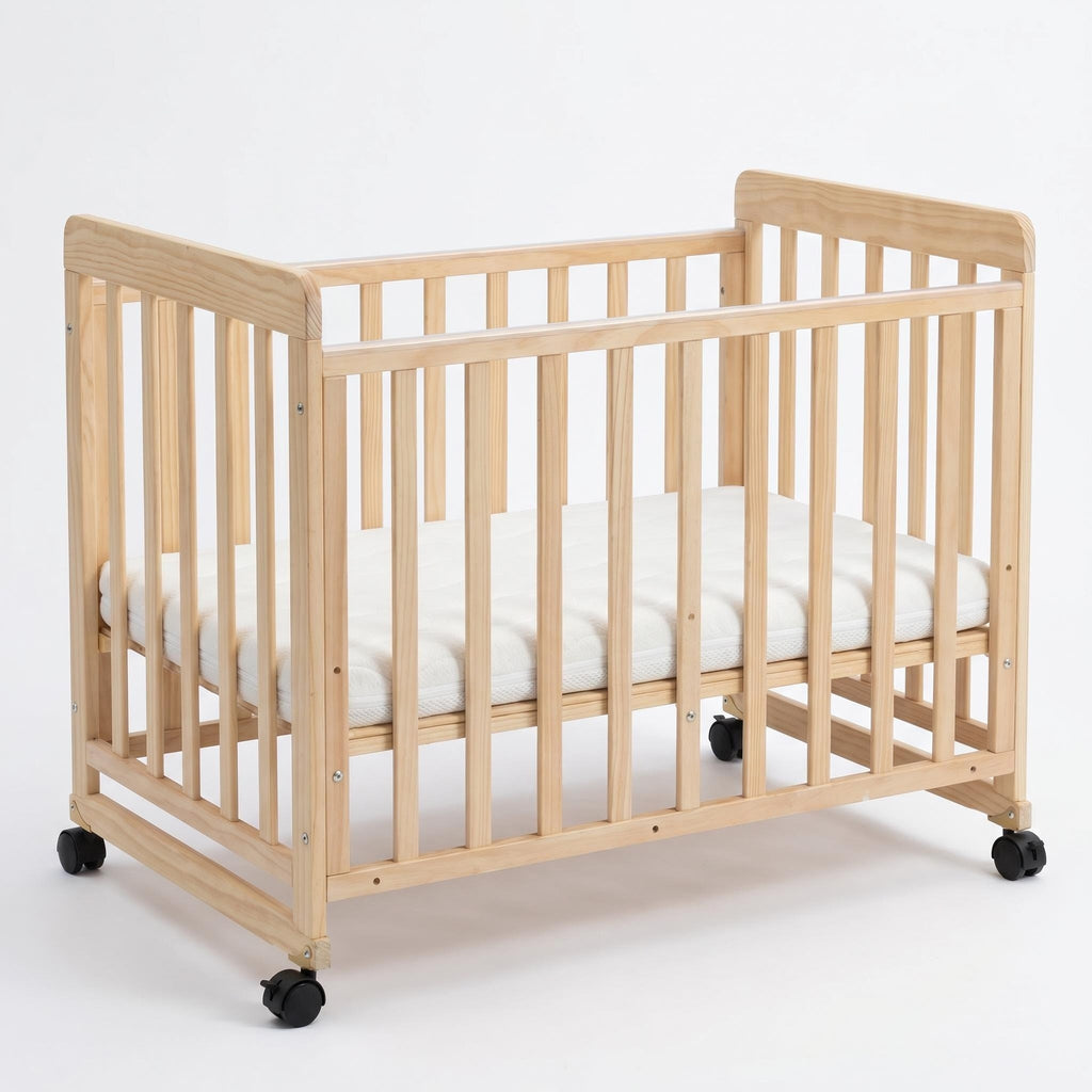 Portable Pine Wood Bedside Bassinet with 3 Adjustable Heights, Natural Wood Mini Crib for Newborns 0-36 Months, Compact Desig