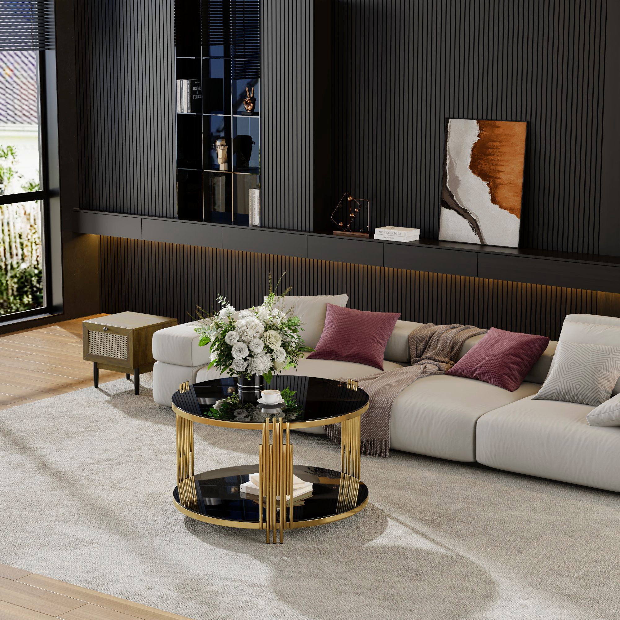 Modern Black Mirror Coffee Table, Asymmetrical Metal, Circular Metal Drum Base, Gold Finish & Lower Shelf - Grand Goldman Shop