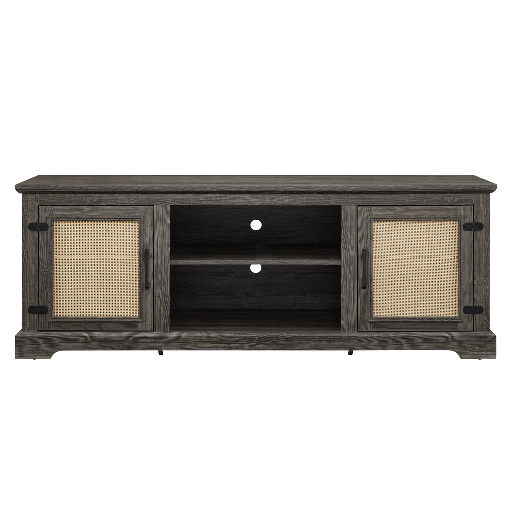 Farmhouse Rattan TV Stand Console Table for TVs up to 70 Inches, TV Console Table with 2 Storage Shelves, 2 Natural Rattan Door Cabinets, 65'W*15.55'D*23.86'H, Gray - Grand Goldman Shop