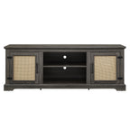 Farmhouse Rattan TV Stand Console Table for TVs up to 70 Inches, TV Console Table with 2 Storage Shelves, 2 Natural Rattan Door Cabinets, 65'W*15.55'D*23.86'H, Gray - Grand Goldman Shop