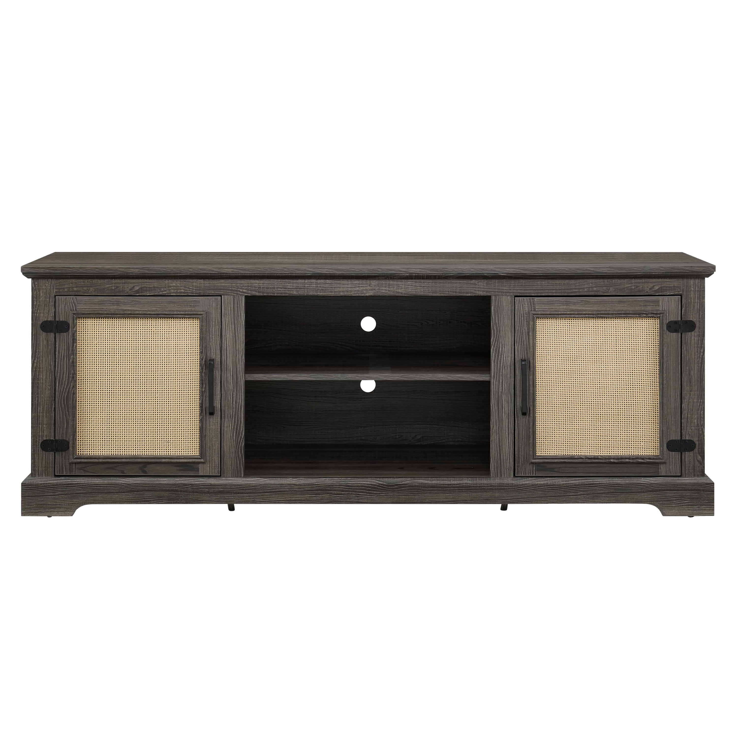Farmhouse Rattan TV Stand Console Table for TVs up to 70 Inches, TV Console Table with 2 Storage Shelves, 2 Natural Rattan Door Cabinets, 65'W*15.55'D*23.86'H, Gray - Grand Goldman Shop