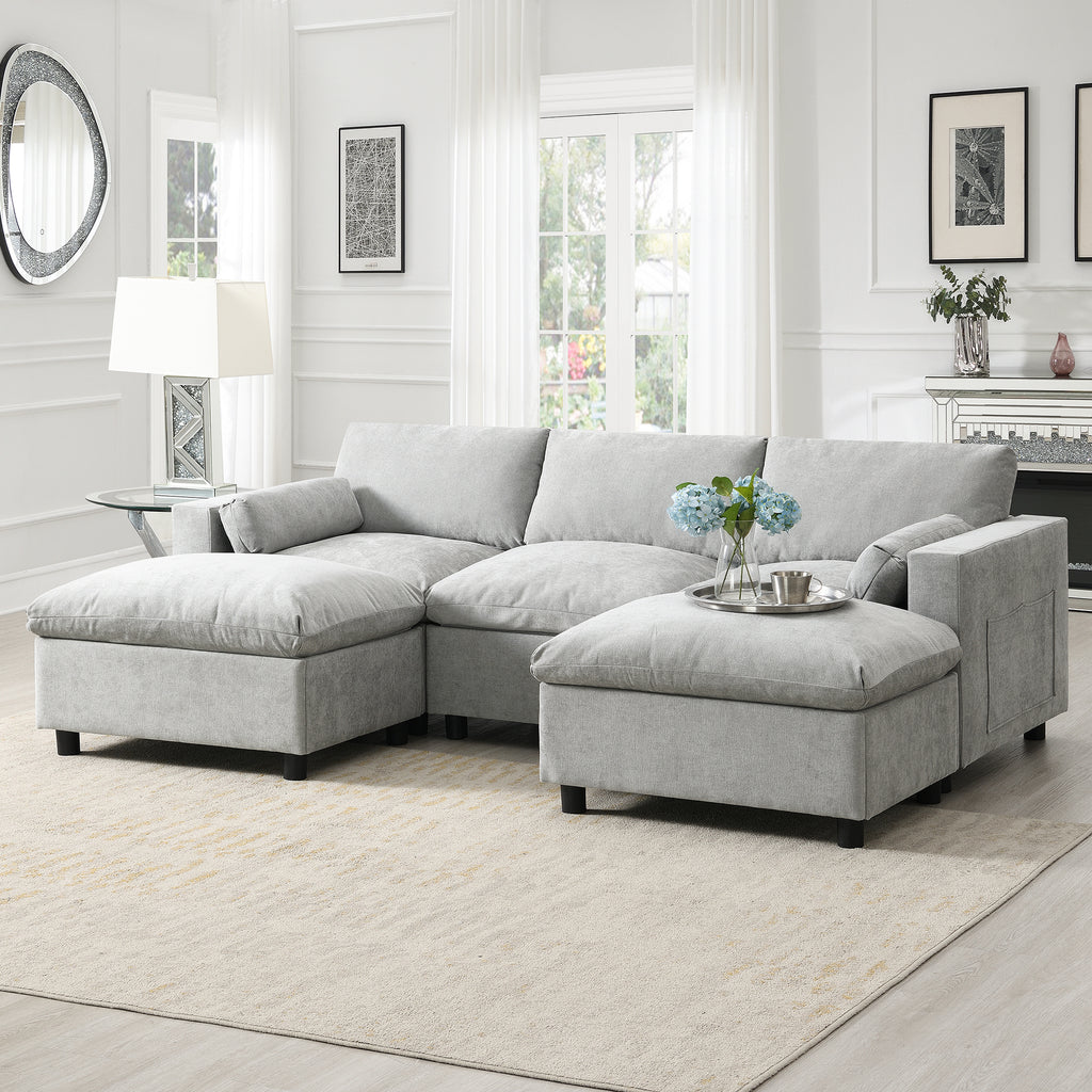 [VIDEO]86.5'' Chenille Modular Sectional Sofa with Storage Pockets, 5 Seat U Shaped Couch Set with Pillows,Free Combination,Modern Cloud Sofa with 2 Movable Ottoman for Living Room,Apartment,3 Colors - Grand Goldman Shop