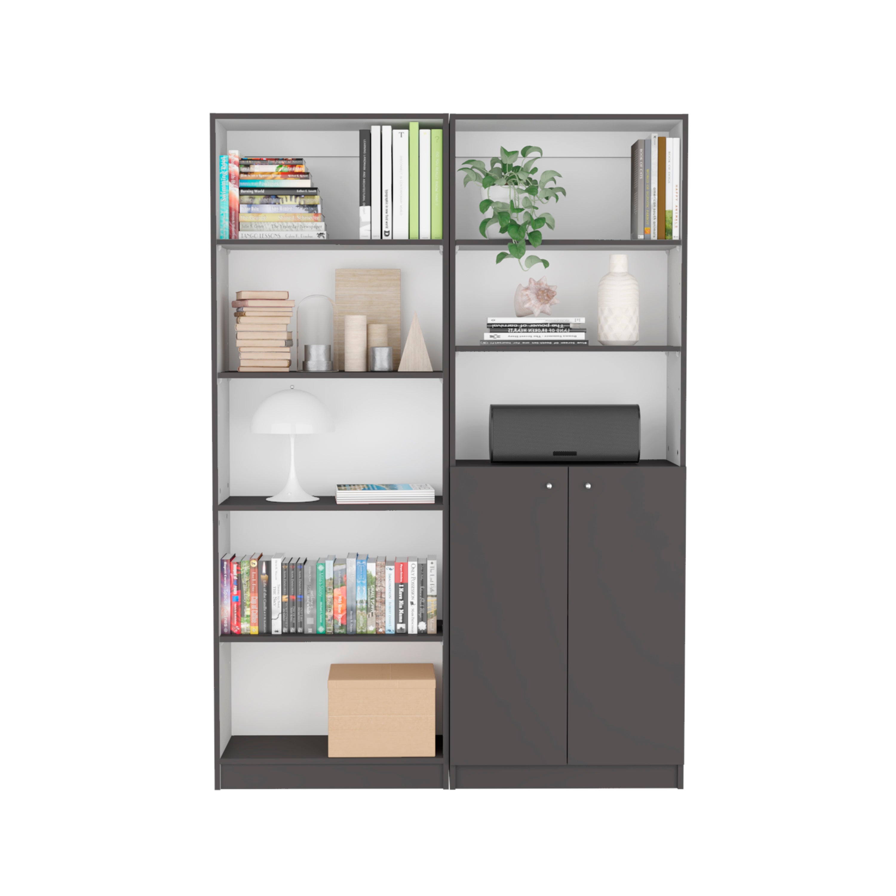 Layton 2 Piece Home Bookcase set, 49' Wide with 8 Shelves and Double Door Cabinet, Living Room Set Matte Gray - White | Premi