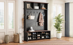 Farmhouse 4-in-1 Hall Tree with 6 Hooks, Practical Walnut Entryway Bench with Adjustable Shelves,  Wooden Shoe Organizer with 16 Compartments for Mudroom, Living Room, Black (OLD SKU: N721S000064B-1) - Grand Goldman Shop