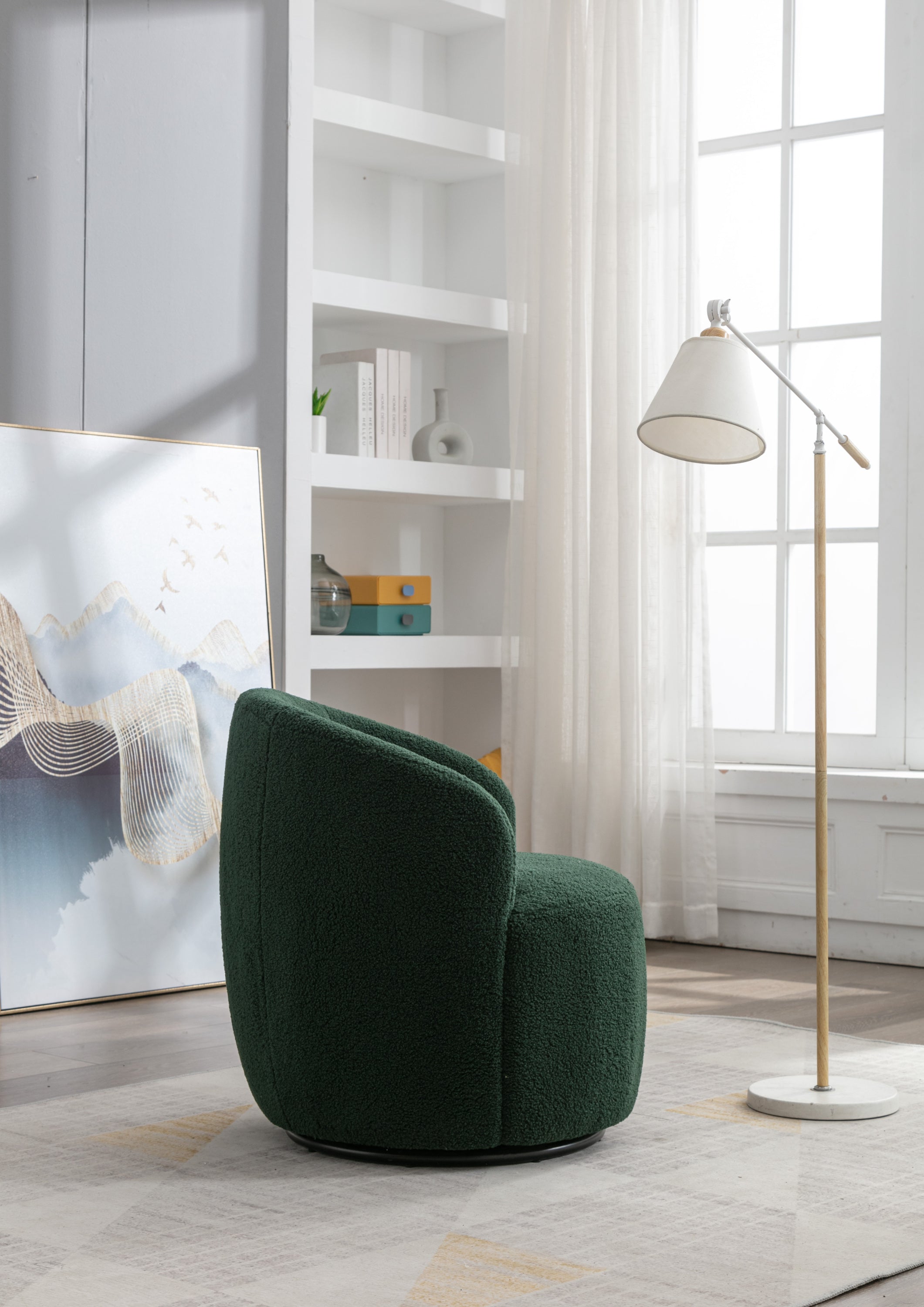 Teddy Fabric Swivel Accent Armchair Barrel Chair With Black Powder Coating Metal Ring,Dark Green - Grand Goldman Shop