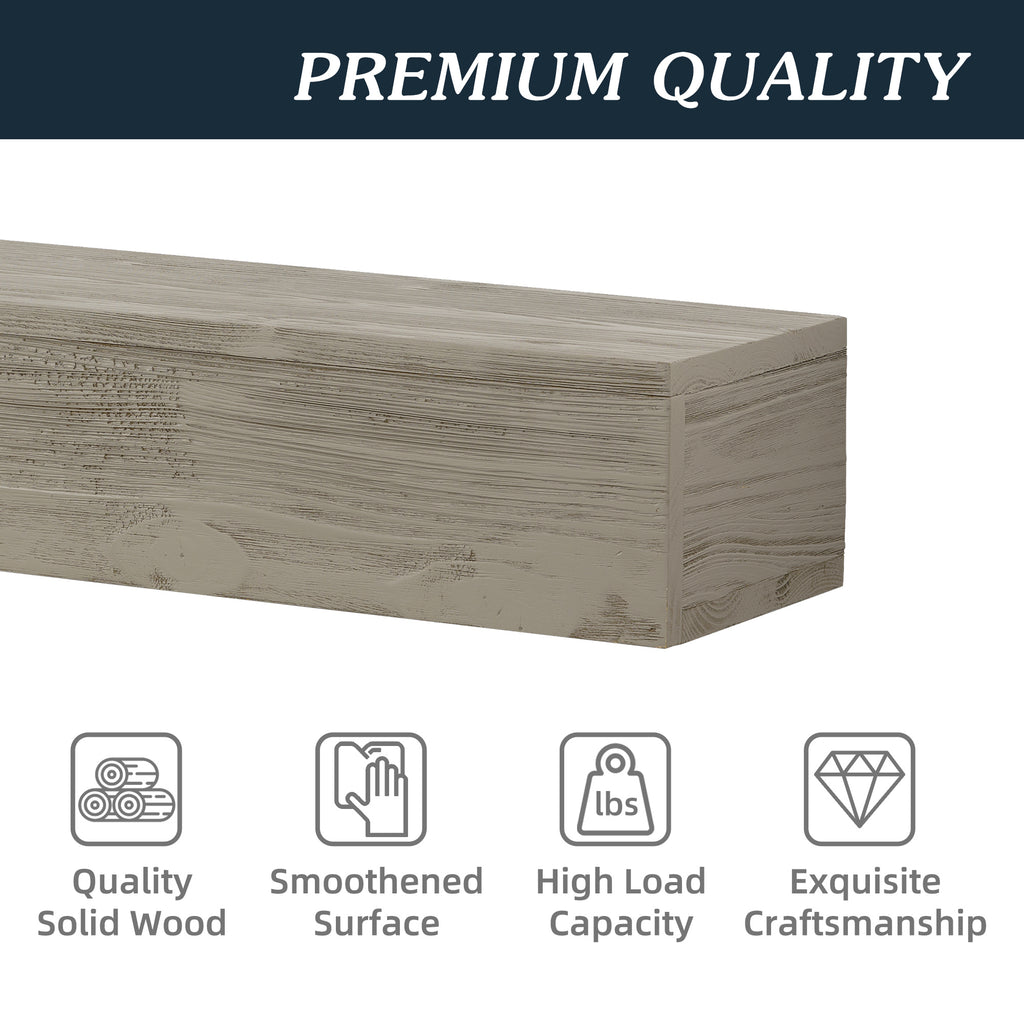 Rustic Wood Fireplace Mantel, Wall-Mounted & Floating Shelf for Home Decor, Gray, Solid Wood, 72 Inch - Grand Goldman Shop