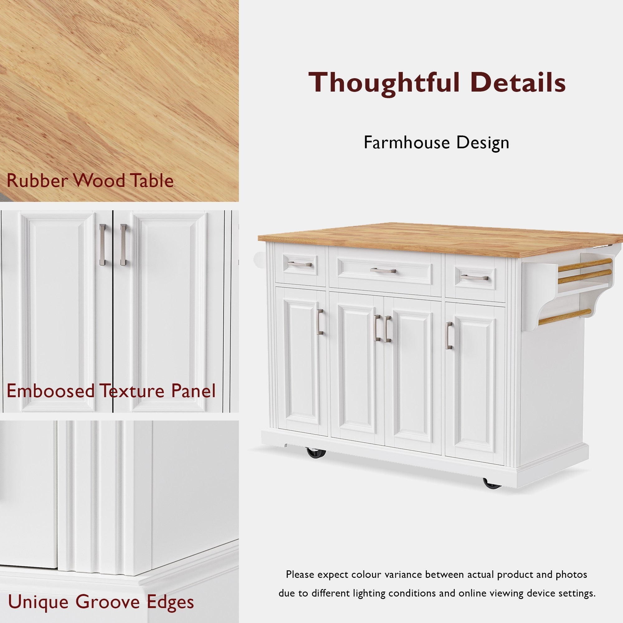 K&K 54inch Large Kitchen Island with Rubber Wood Drop Leaf, Embossed Texture Rolling Kitchen Cart on 4 Wheels with 4 Doors and 3 Drawers, Kitchen Island with Storage for Kitchen, Dining Room,White - Grand Goldman Shop
