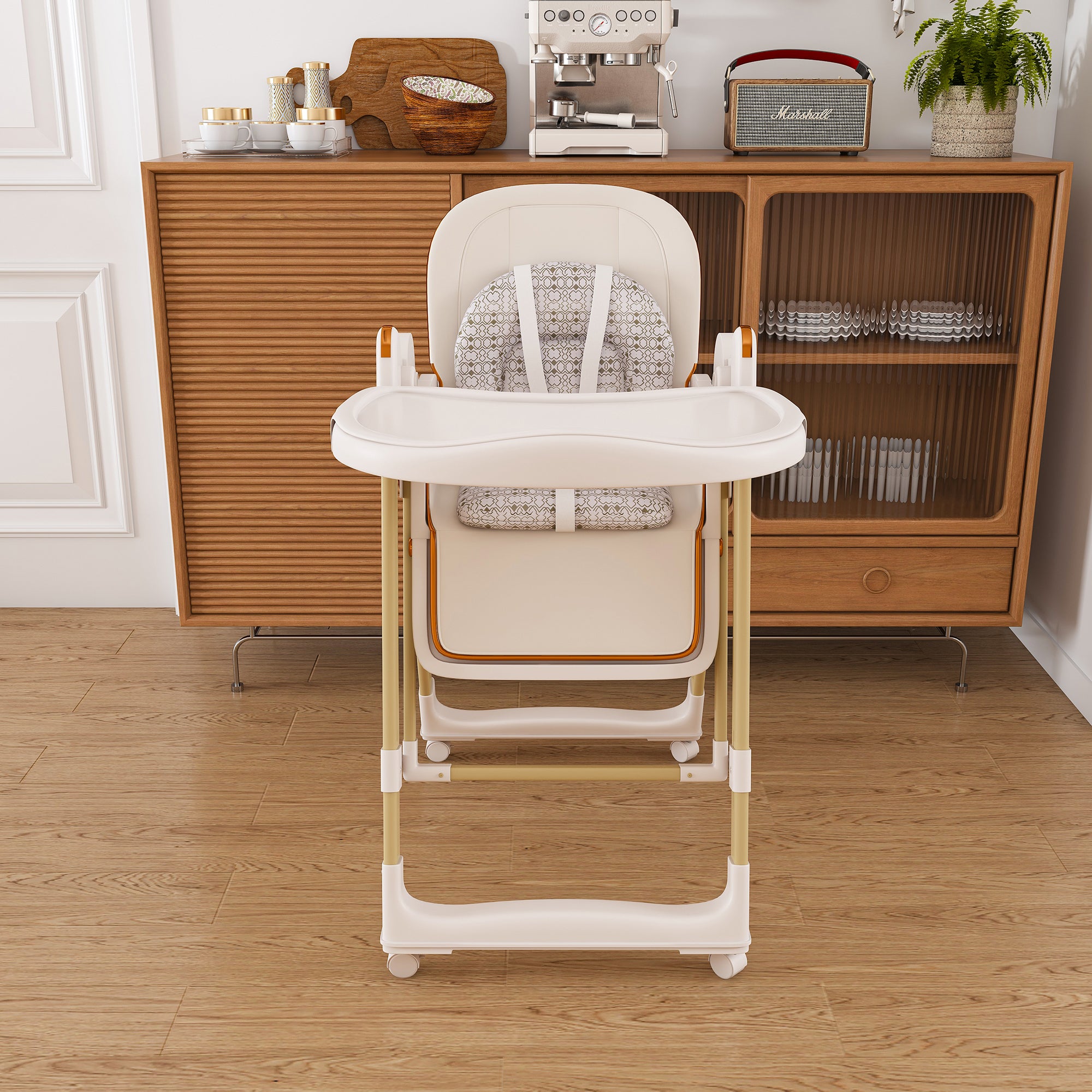 Convertible Baby High Chair to Rocker with 5-Point Harness, Foldable Infant Feeding Chair in White with Removable 2-Tier Easy
