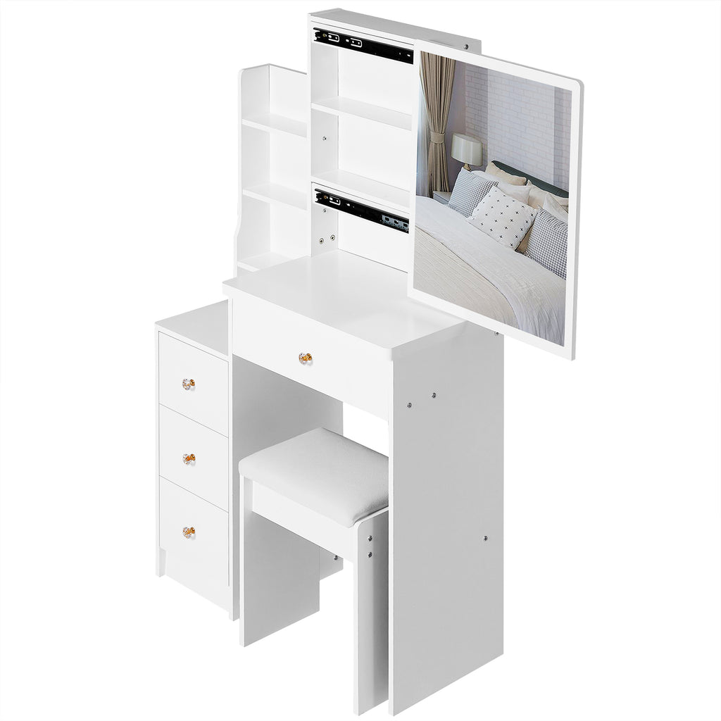 29.2' Small Space Left Bedside Cabinet Vanity Table + Cushioned Stool, Extra Large Right sliding mirror, Multi Layer High Capacity Storage, Practical Fashionable Dresser, EPA, GCC, UL Certificate - Grand Goldman Shop