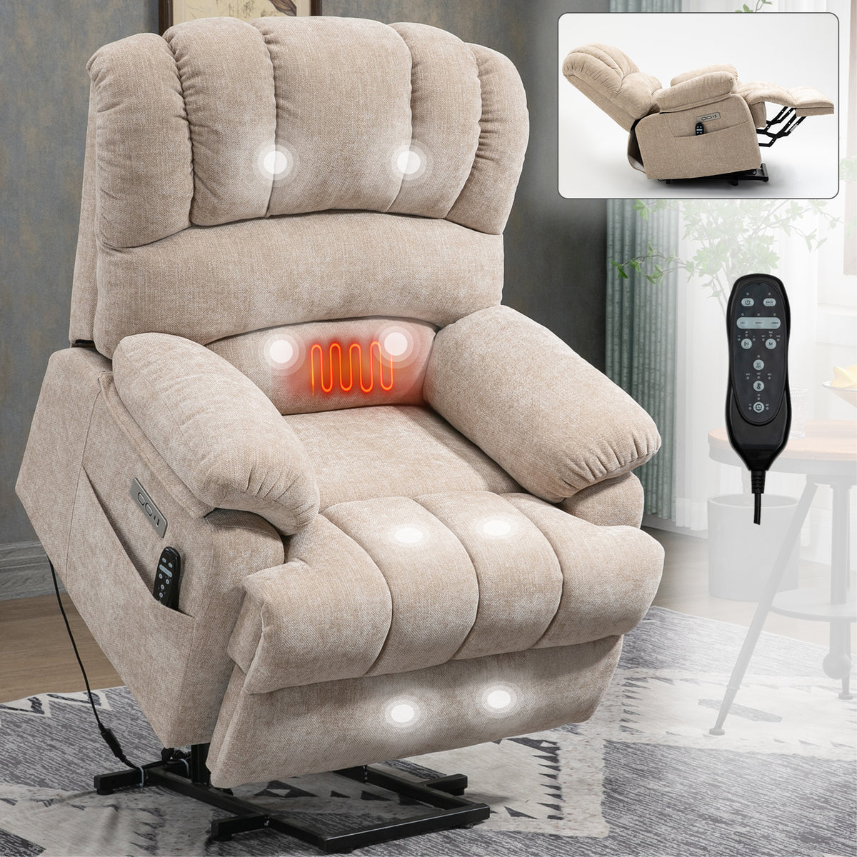 23' Seat Width and High Back Large Size Beige Chenille Power Lift Recliner Chair with 8-Point Vibration Massage and Lumbar Heating - Grand Goldman Shop