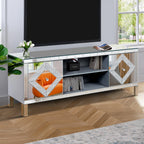 Mirrored TV Stand for 65+ inch TV,Sliver TV Console Table with Open Storage & 2 Storage Cabinets ,Diamond Shape Sparkling Mirror Doors for Living Room(59''W x 25.2''H x 15.7D) - Grand Goldman Shop