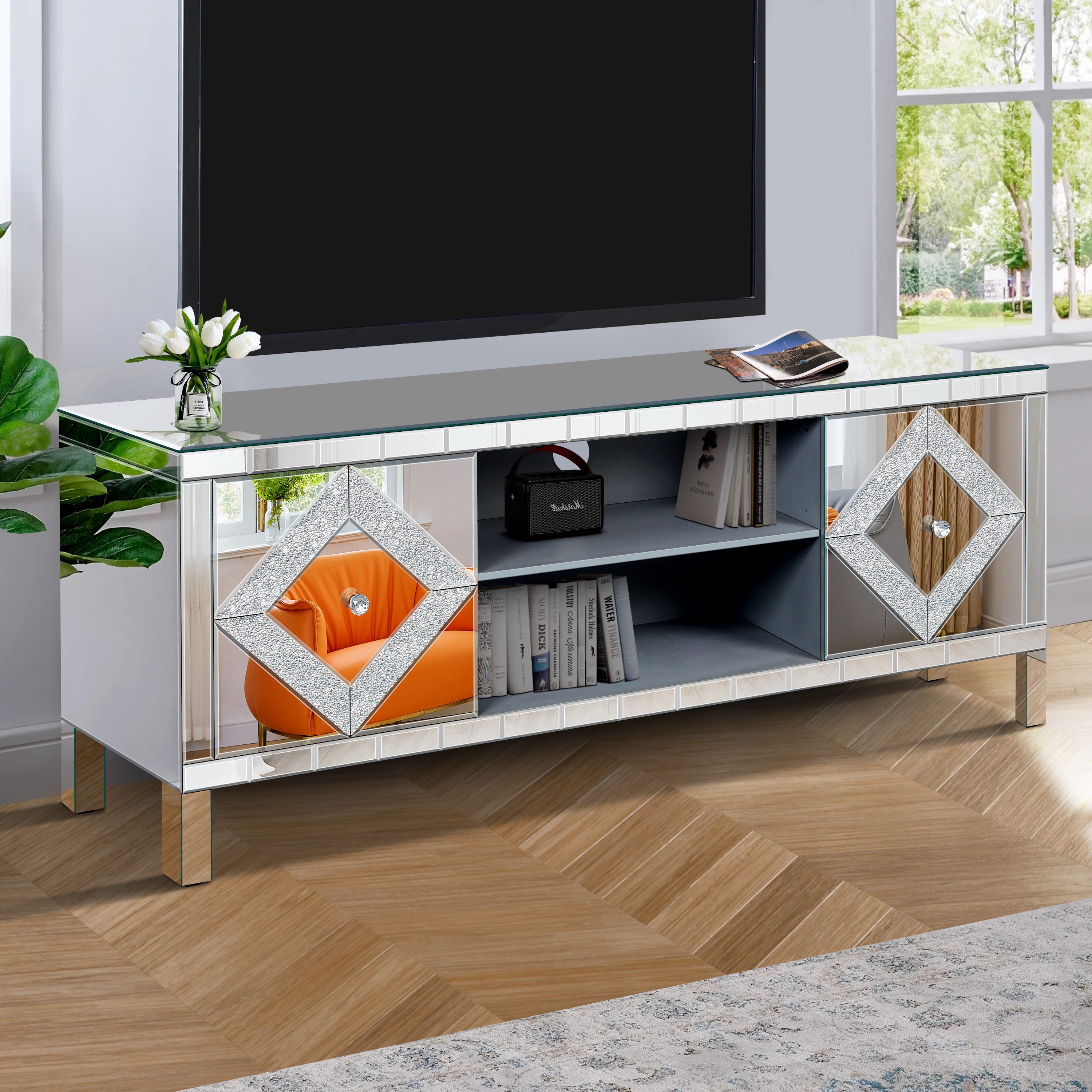 Mirrored TV Stand for 65+ inch TV,Sliver TV Console Table with Open Storage & 2 Storage Cabinets ,Diamond Shape Sparkling Mirror Doors for Living Room(59''W x 25.2''H x 15.7D) - Grand Goldman Shop