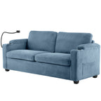 Navy Blue Corduroy Sleeper Sofa Loveseat with Full Size Mattress, USB Ports, Cup Holders, Side Pockets and Phone Holder - Grand Goldman Shop