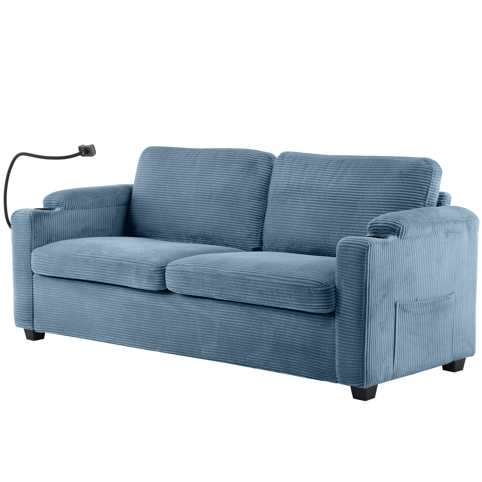 Navy Blue Corduroy Sleeper Sofa Loveseat with Full Size Mattress, USB Ports, Cup Holders, Side Pockets and Phone Holder - Grand Goldman Shop