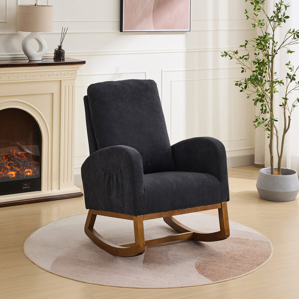 27.2'W Rocking Chair for Nursery, Polyester Glider Chair with High Back and Side Pocket, Rocking Accent Armchair with Rubber Wood Legs for Living Room/Bedroom.Black - Grand Goldman Shop