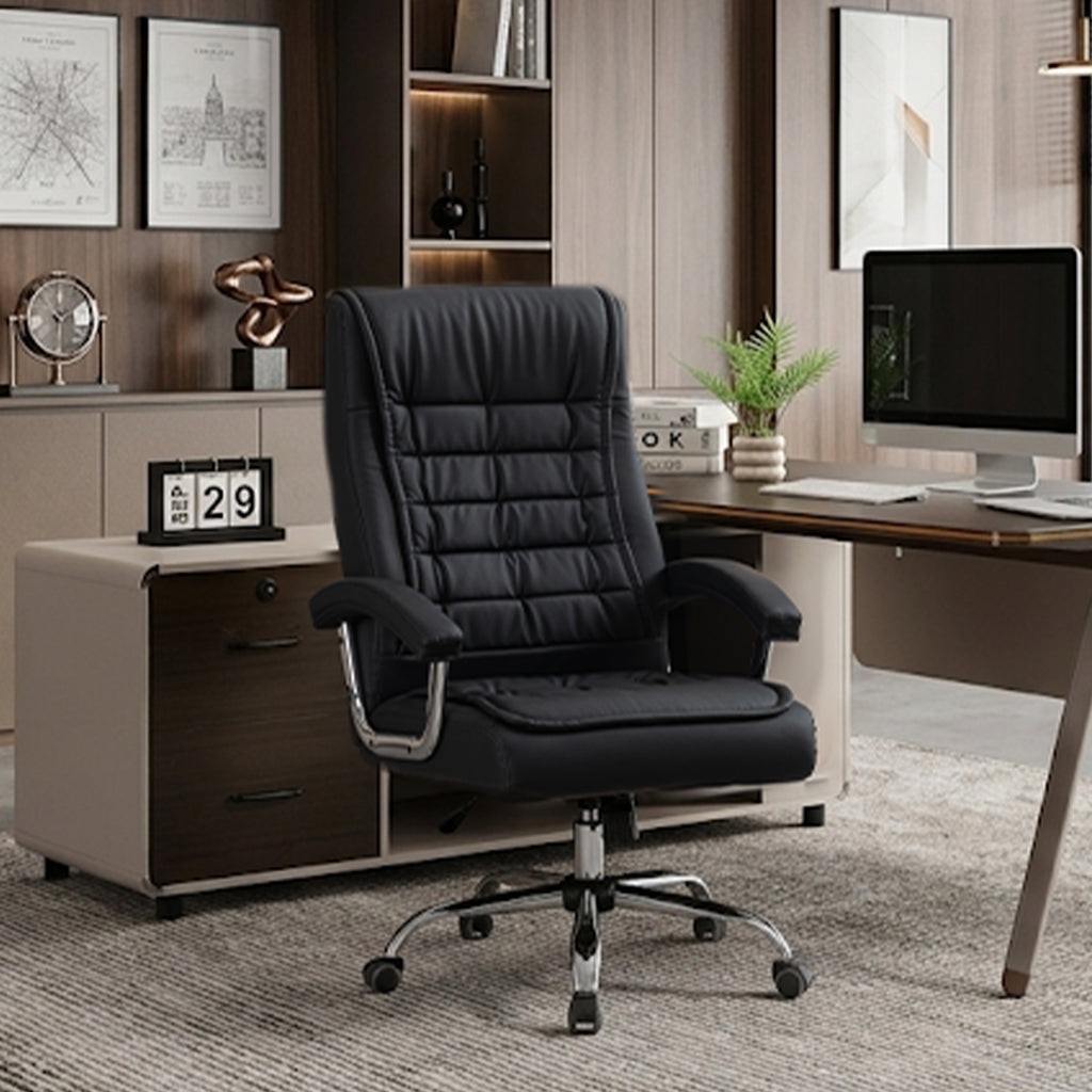 Executive Office Chair High Back PU Leather Desk Chair with Spring Seat Cushion, Ergonomic Swivel Computer Chair with Chrome 