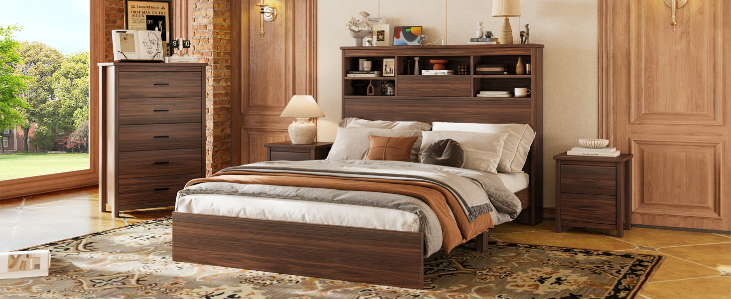 4PCS Bedroom Sets, Wooden Queen Size Bed Frame with Storage Headboard and Charging Station, 2 Nightstands with 2 Drawers, 1 Dresser with 5 Drawers, Walnut(old SKU HL000102AAD) - Grand Goldman Shop