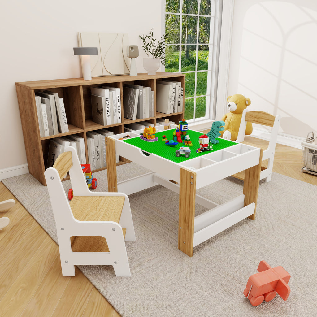Kids 2 in 1 Play Table & 2 Chairs Set,with 7 Storage Compartments,Compatible with LEGO Building Block,Modern Activity Learnin