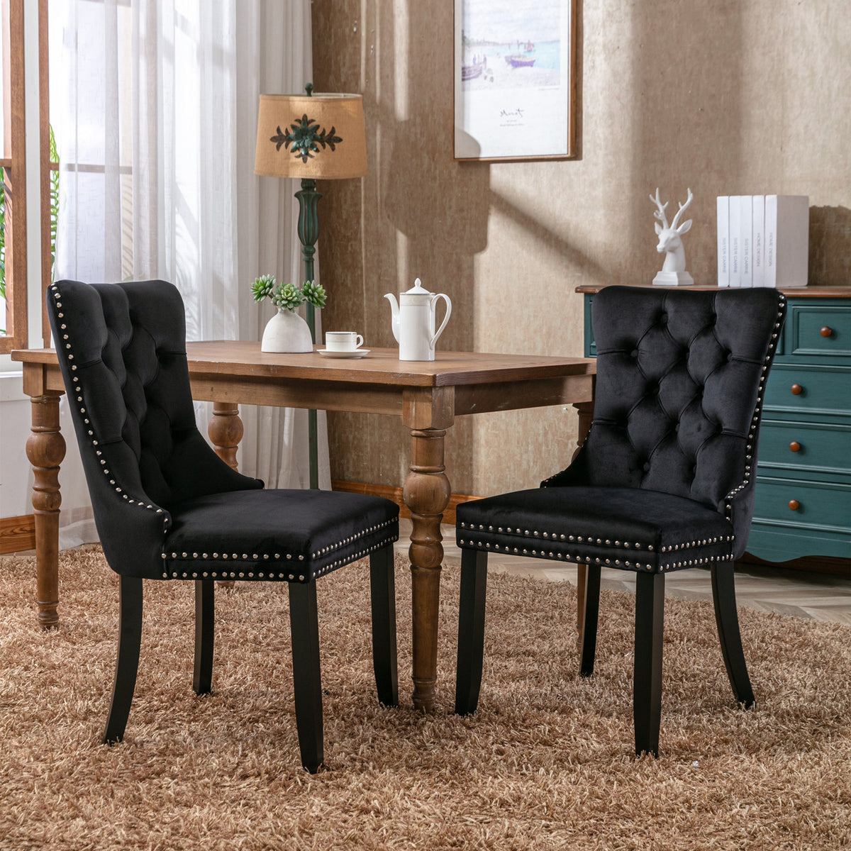 Nikki Collection Modern, High-end Tufted Solid Wood Contemporary Velvet Upholstered Dining Chair with Wood Legs Nailhead Trim 2-Pcs Set, Black, SW2001BK - Grand Goldman Shop