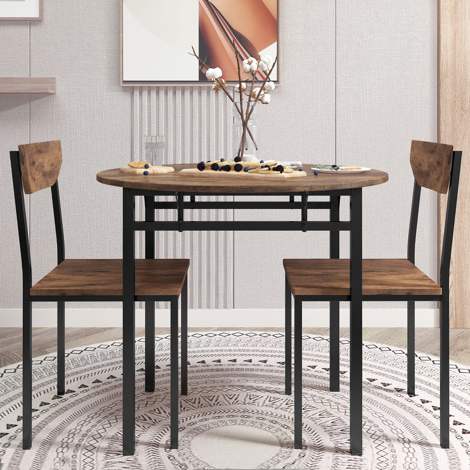 TOPMAX Modern 3-Piece Round Dining Table Set with Drop Leaf and 2 Chairs for Small Places,Black Frame+Rustic Brown Finish - Grand Goldman Shop