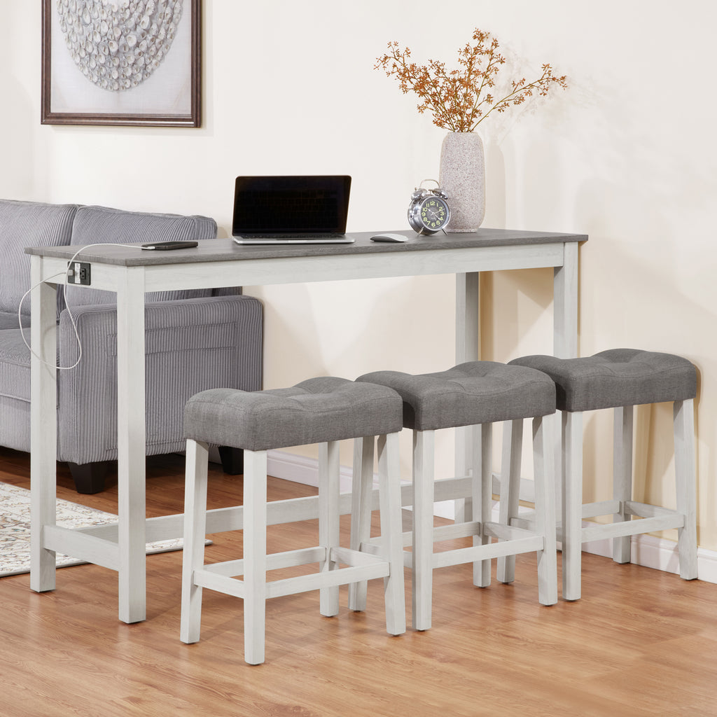 4 Piece Bar Table Set with Power Outlet, Bar Table Set with Chairs, Sofa Bar Table with Stools, Behind Couch Table with 3 Padded Stools, for Living Room, Dining room, White & Grey - Grand Goldman Shop