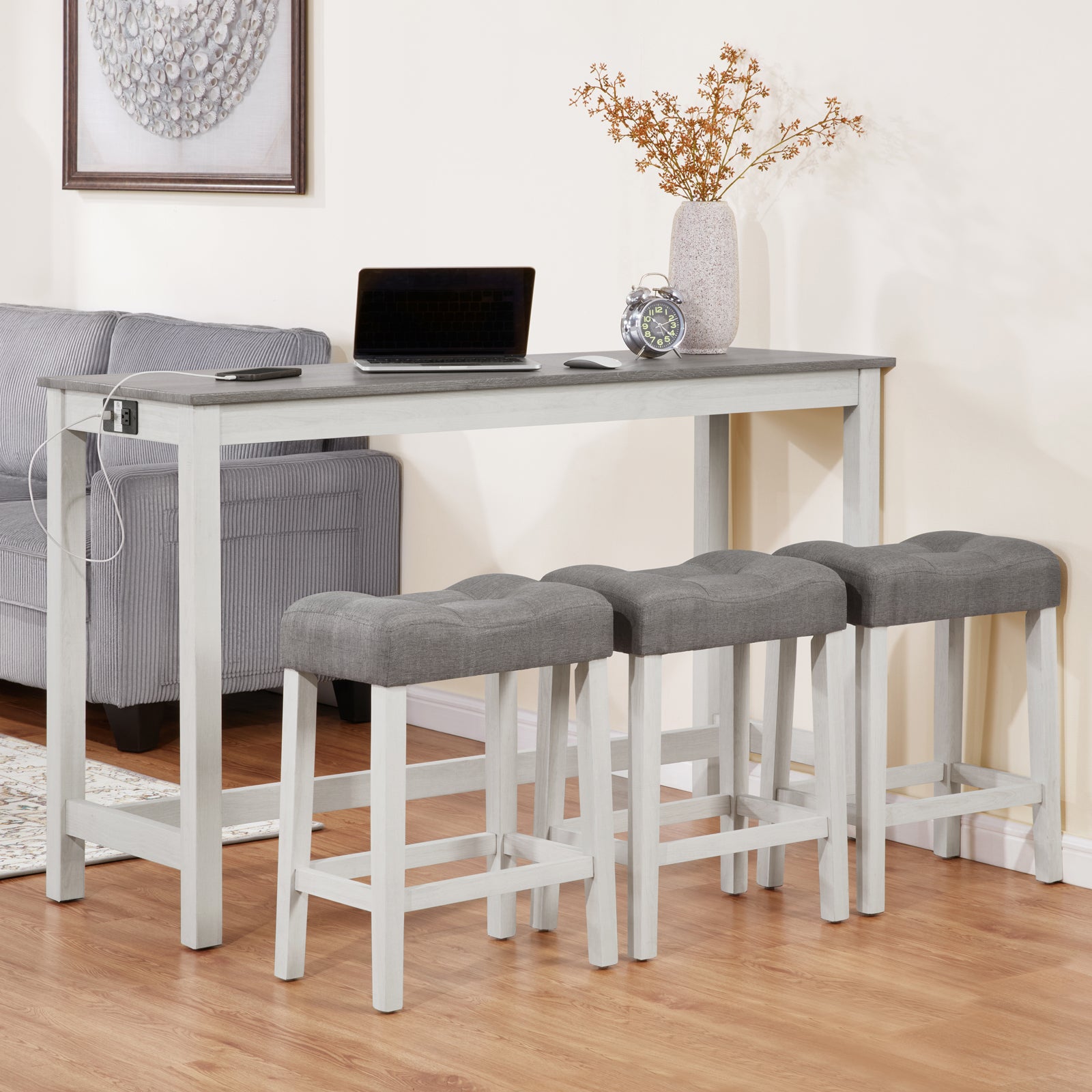 4 Piece Bar Table Set with Power Outlet, Bar Table Set with Chairs, Sofa Bar Table with Stools, Behind Couch Table with 3 Padded Stools, for Living Room, Dining room, White & Grey - Grand Goldman Shop