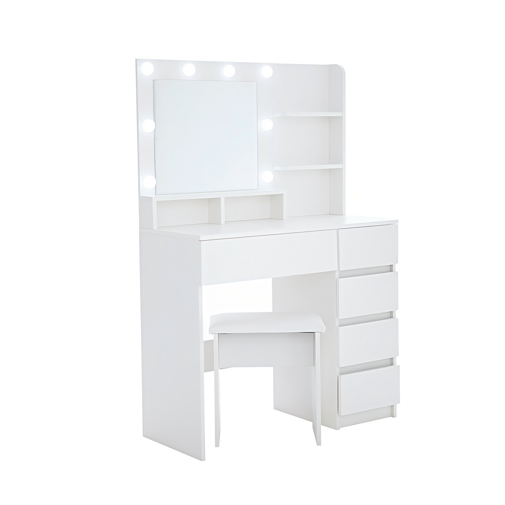 Vanity, Makeup Vanity Desk Set with Mirror & Light, Dressing Table Storage Lots , 3 Lighting Modes with Adjustable Brightness, White with Stool - Grand Goldman Shop