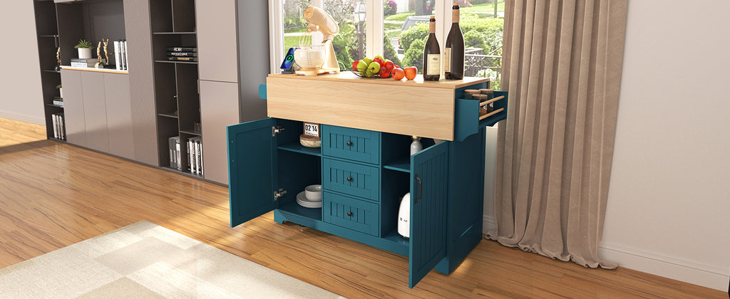 K&K 55.7'' Large Kitchen Island with 2 Drop Leaf,, Rolling Kitchen Cart on 5 Wheels with Power Outlet, Folding Storage Dining Table with Spice & Towel Rack , 3 Drawers, for Kitchen, Dining Room,Green - Grand Goldman Shop