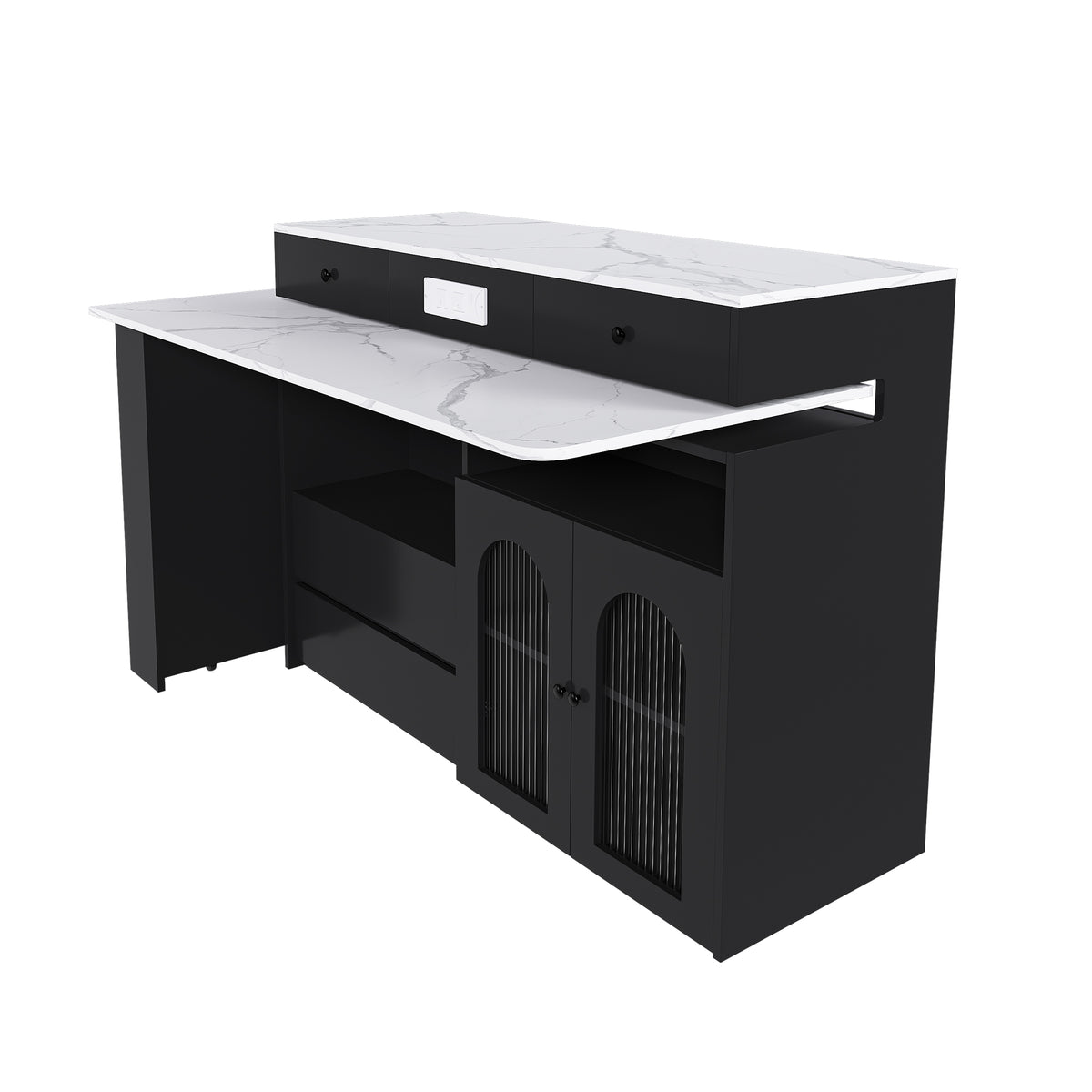 Retro Kitchen Island with Extendable Rotating Table, Black Marble Veneer on MDF, 4 Drawers & Glass Door Cabinets, Built-in Socket, Fits 2-4 People - Grand Goldman Shop