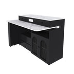 Retro Kitchen Island with Extendable Rotating Table, Black Marble Veneer on MDF, 4 Drawers & Glass Door Cabinets, Built-in Socket, Fits 2-4 People - Grand Goldman Shop