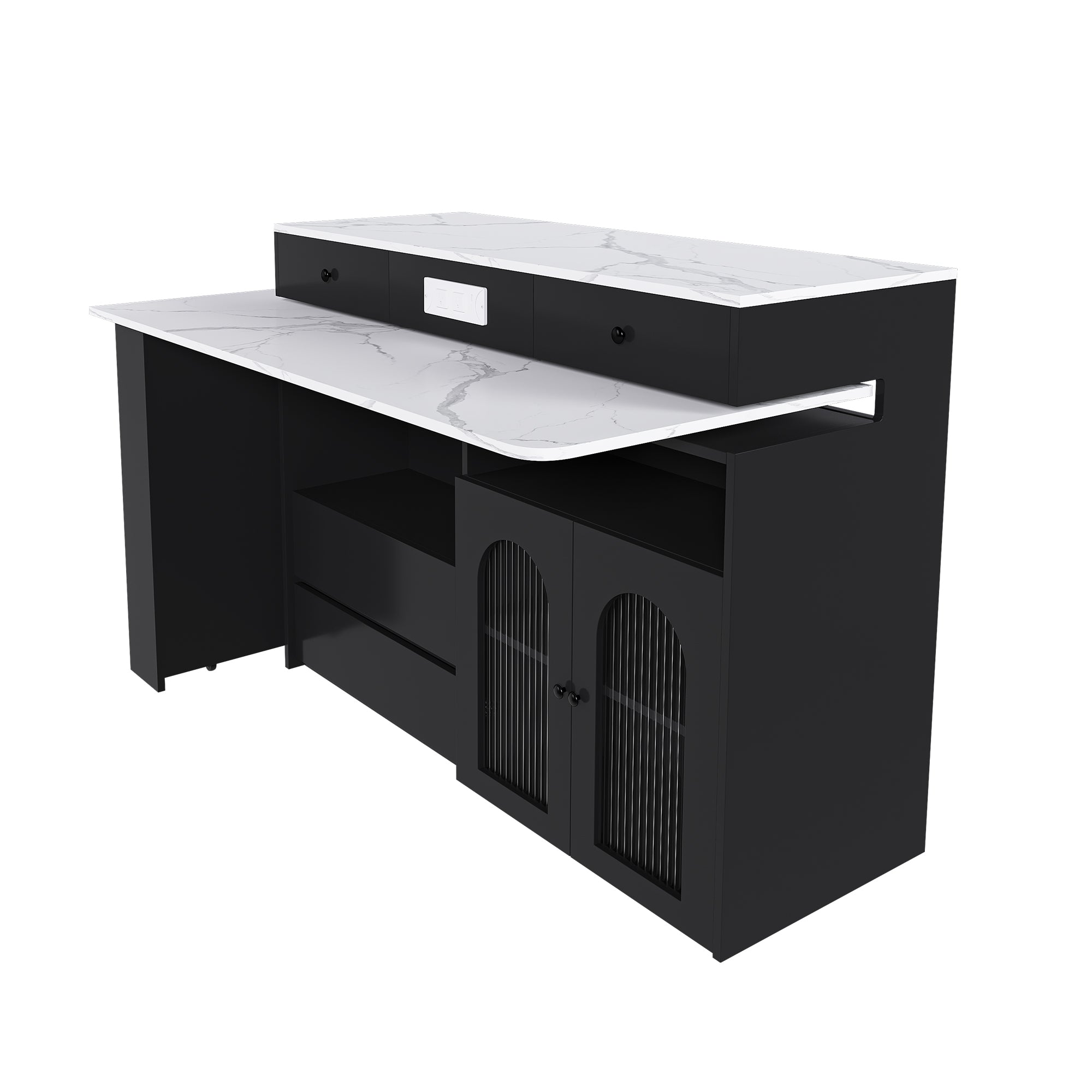 Retro Kitchen Island with Extendable Rotating Table, Black Marble Veneer on MDF, 4 Drawers & Glass Door Cabinets, Built-in Socket, Fits 2-4 People - Grand Goldman Shop