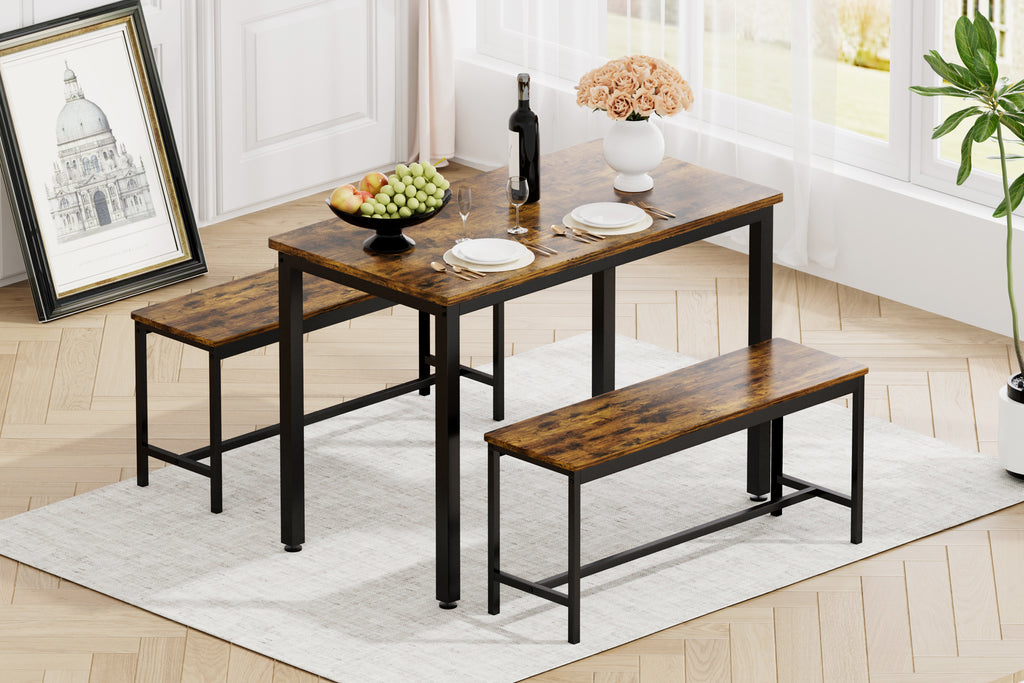 Dining Table Set, Bar Table with 2 Dining Benches, Kitchen Table Counter with Chairs, Industrial for Kitchen Breakfast Table, Living Room, Party Room, Rustic Brown and Black,43.3″L x23.6″W x 29.9″H - Grand Goldman Shop