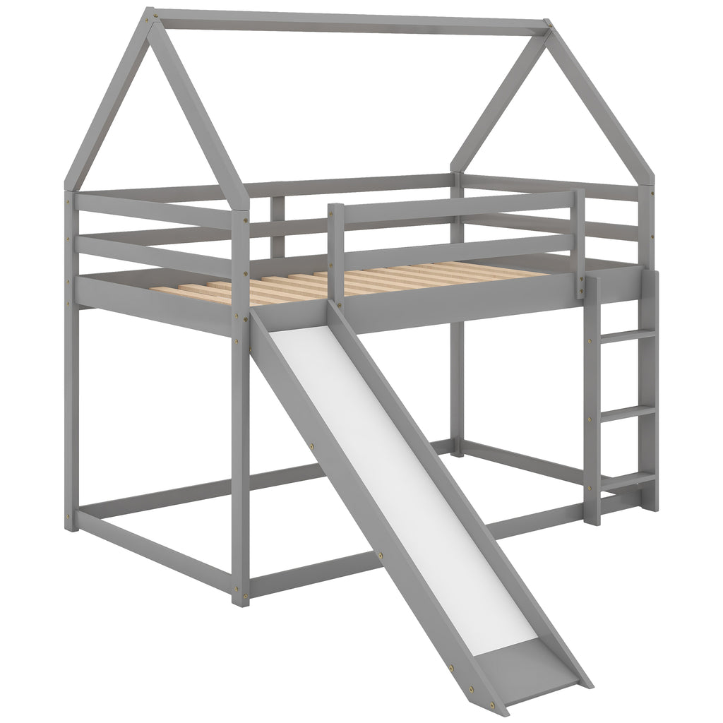 Gray House-Shape Twin Over Twin Bunk Bed with Slide and Ladder, Pine Wood and MDF, 77.4''L x 41.7''W x 70.9''H - Grand Goldman Shop