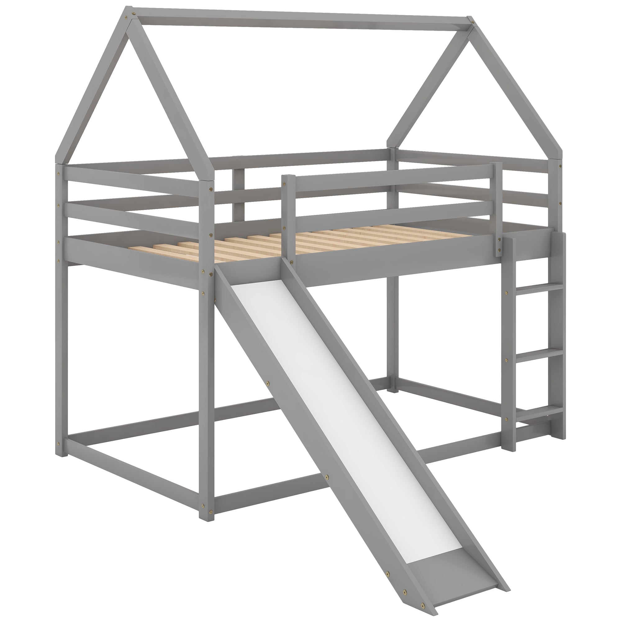 Gray House-Shape Twin Over Twin Bunk Bed with Slide and Ladder, Pine Wood and MDF, 77.4''L x 41.7''W x 70.9''H - Grand Goldman Shop