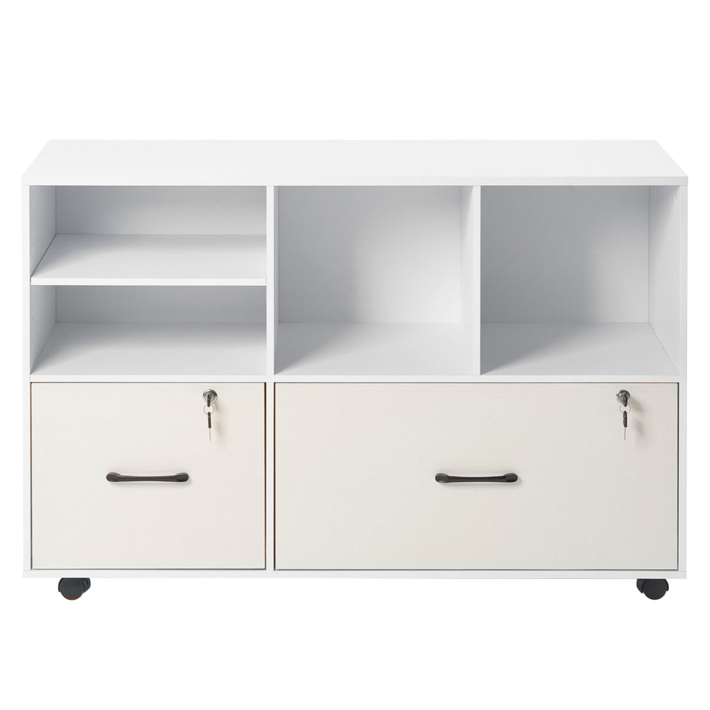 2 Drawer Wooden File Cabinet, Mobile Filing Cabinet with Open Shelves, Lockable Lateral Rolling File Storage with Adjustable 