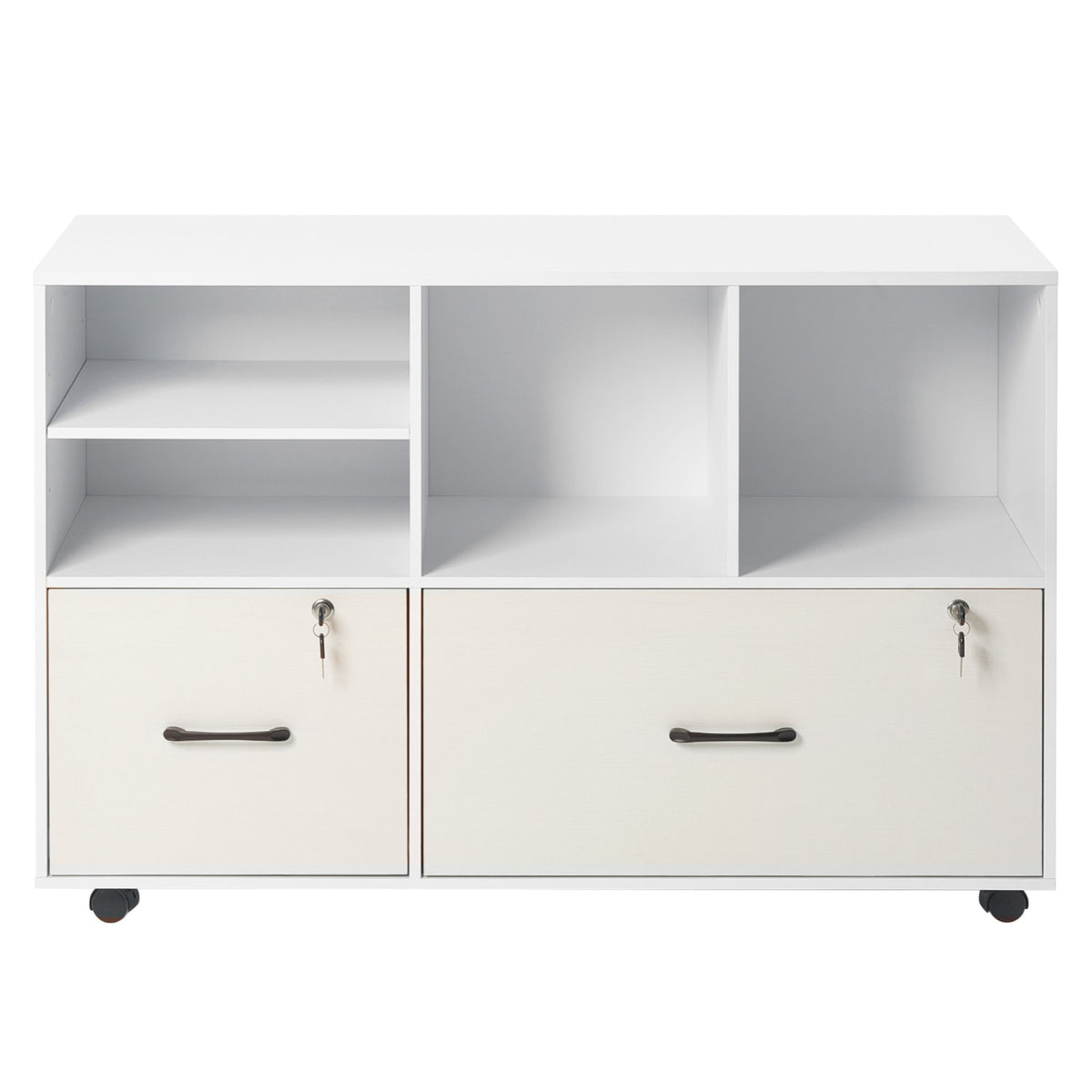 2 Drawer Wooden File Cabinet, Mobile Filing Cabinet with Open Shelves, Lockable Lateral Rolling File Storage with Adjustable 