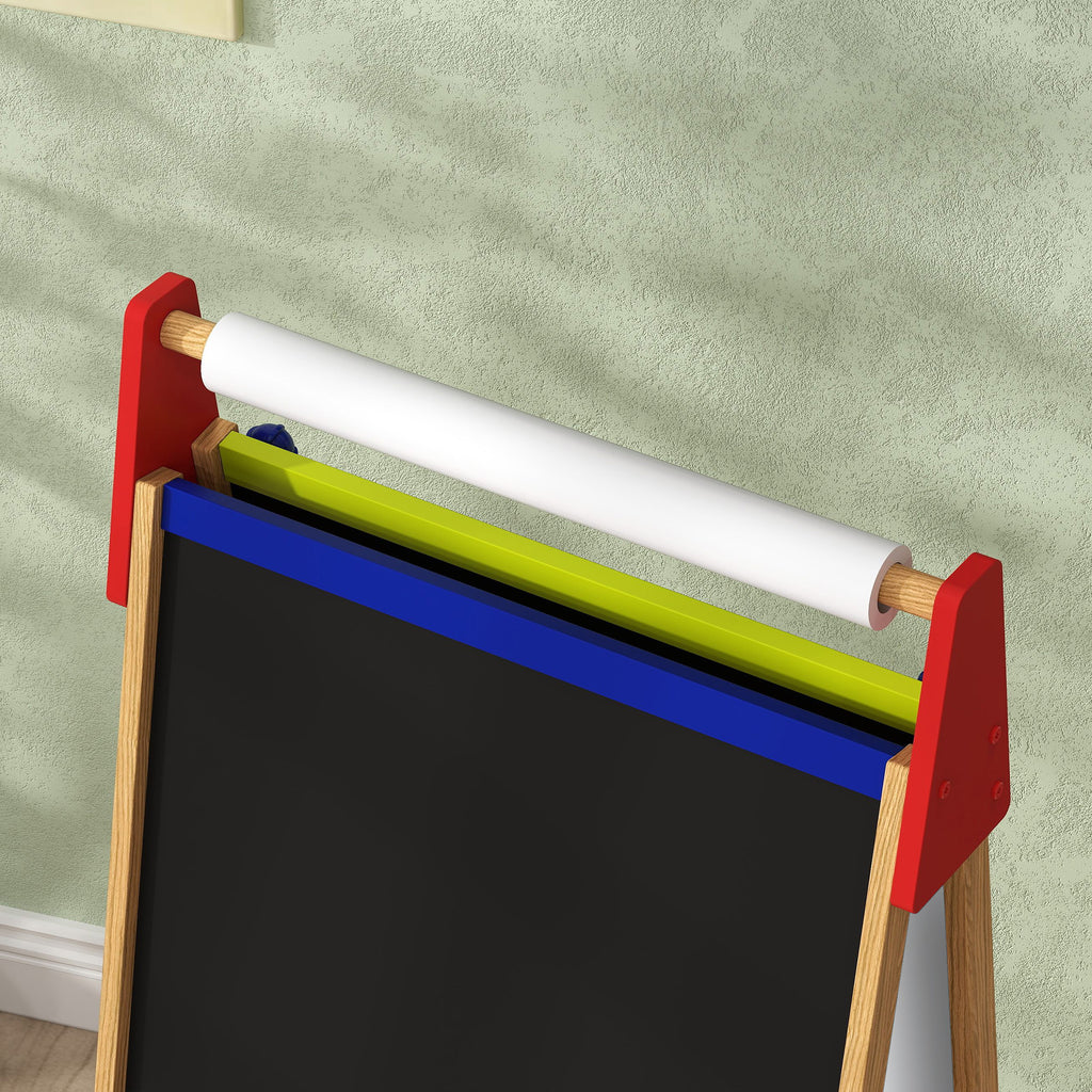 Qaba Easel for Kids, 3 in 1 Kids Art Easel with Paper Roll, Whiteboard, Chalkboard, Double Sided & Adjustable Height Wooden T