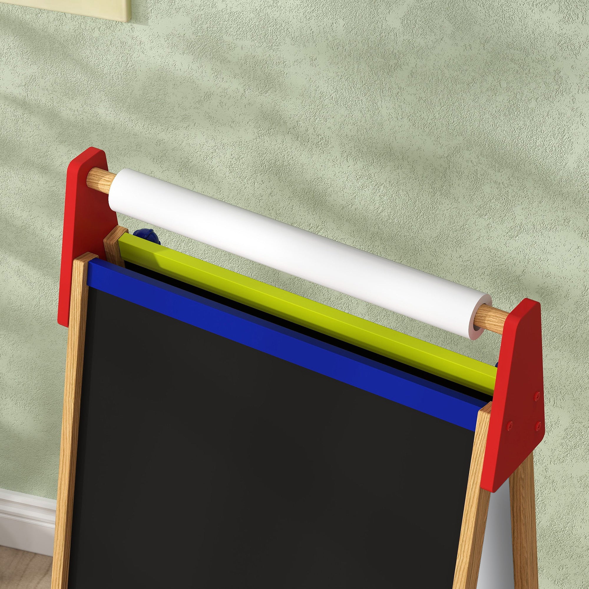 Qaba Easel for Kids, 3 in 1 Kids Art Easel with Paper Roll, Whiteboard, Chalkboard, Double Sided & Adjustable Height Wooden T