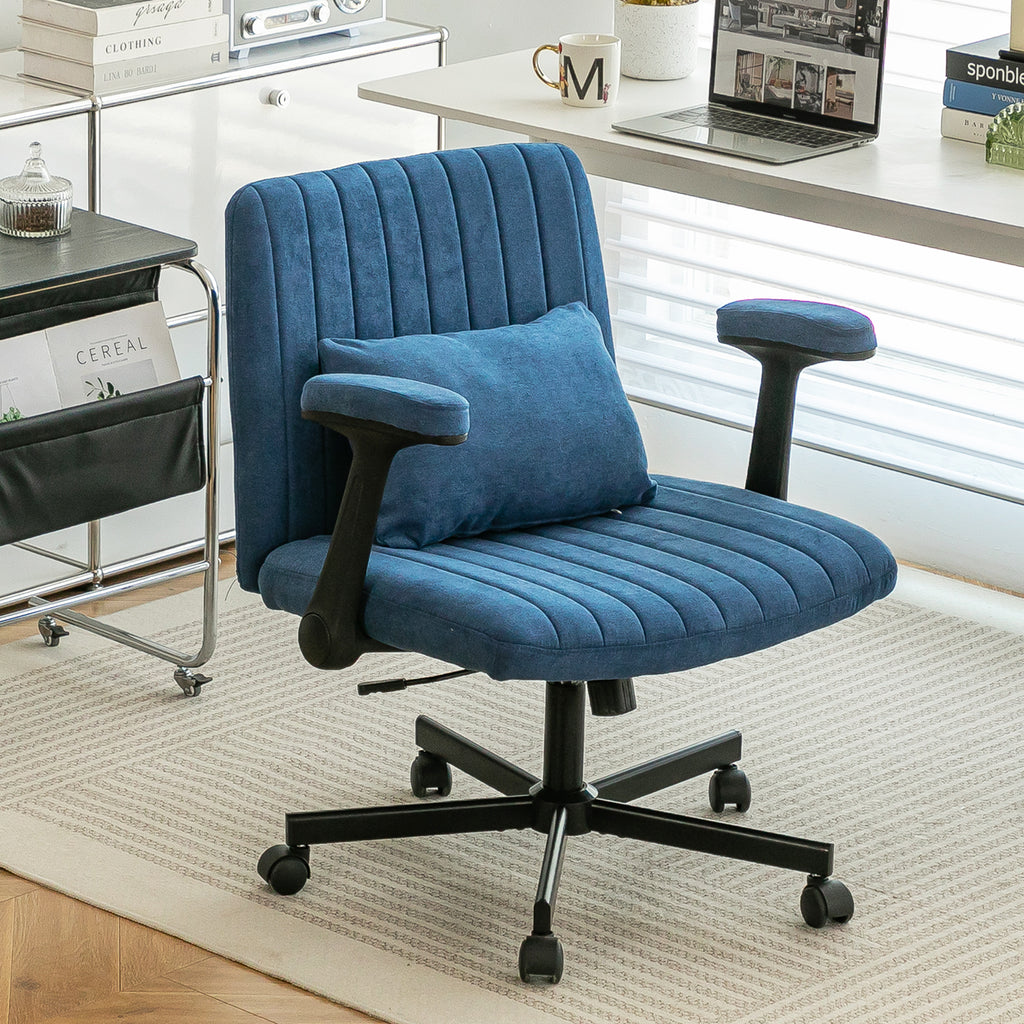 Modern Linen Blue Criss Cross Armrest Office Chair with Foldable Design, Soft Velvet Fabric, 36.6-Inch Height - Grand Goldman