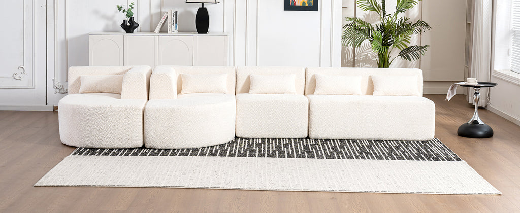 Modern Upholstered L-Shape Sofa with Chaise Lounge and Back Pillows, Beige Boucle Fabric, 144 inches - Grand Goldman Shop