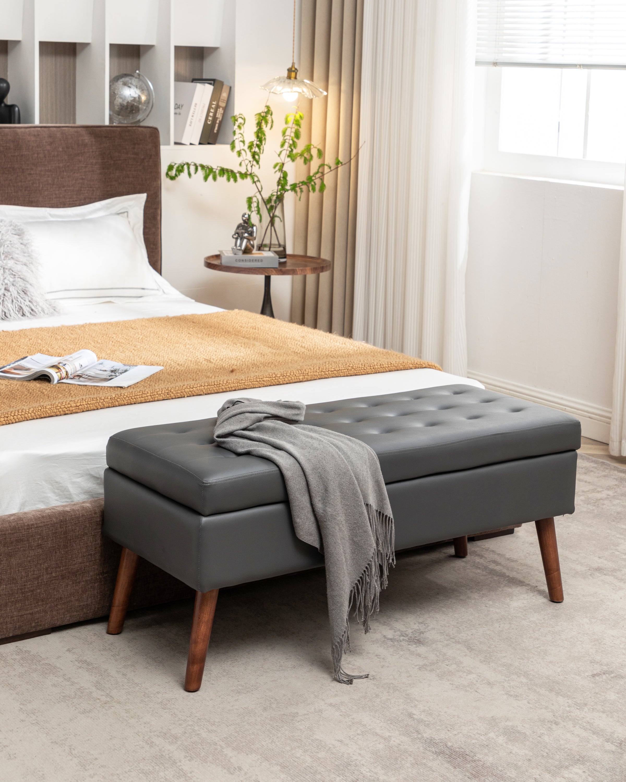 Storage Bench with Storage Bench for Bedroom End of Bed Bench Foot of Bed Bench Entryway Bench Storage Ottoman Bench 43.3' W x 17.7' Dark Grey Leather Bench - Grand Goldman Shop