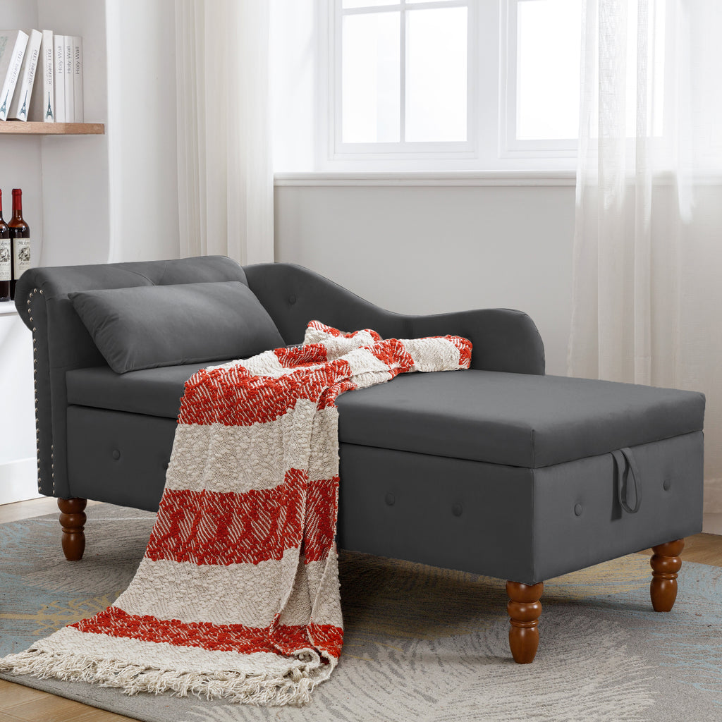 Black Chaise Lounge Indoor, Velvet Lounge Chair for Bedroom with Storage & Pillow, Modern Upholstered Rolled Arm Chase Lounge for Sleeping with Nailhead Trim for Living Room Bedroom Office - Grand Goldman Shop