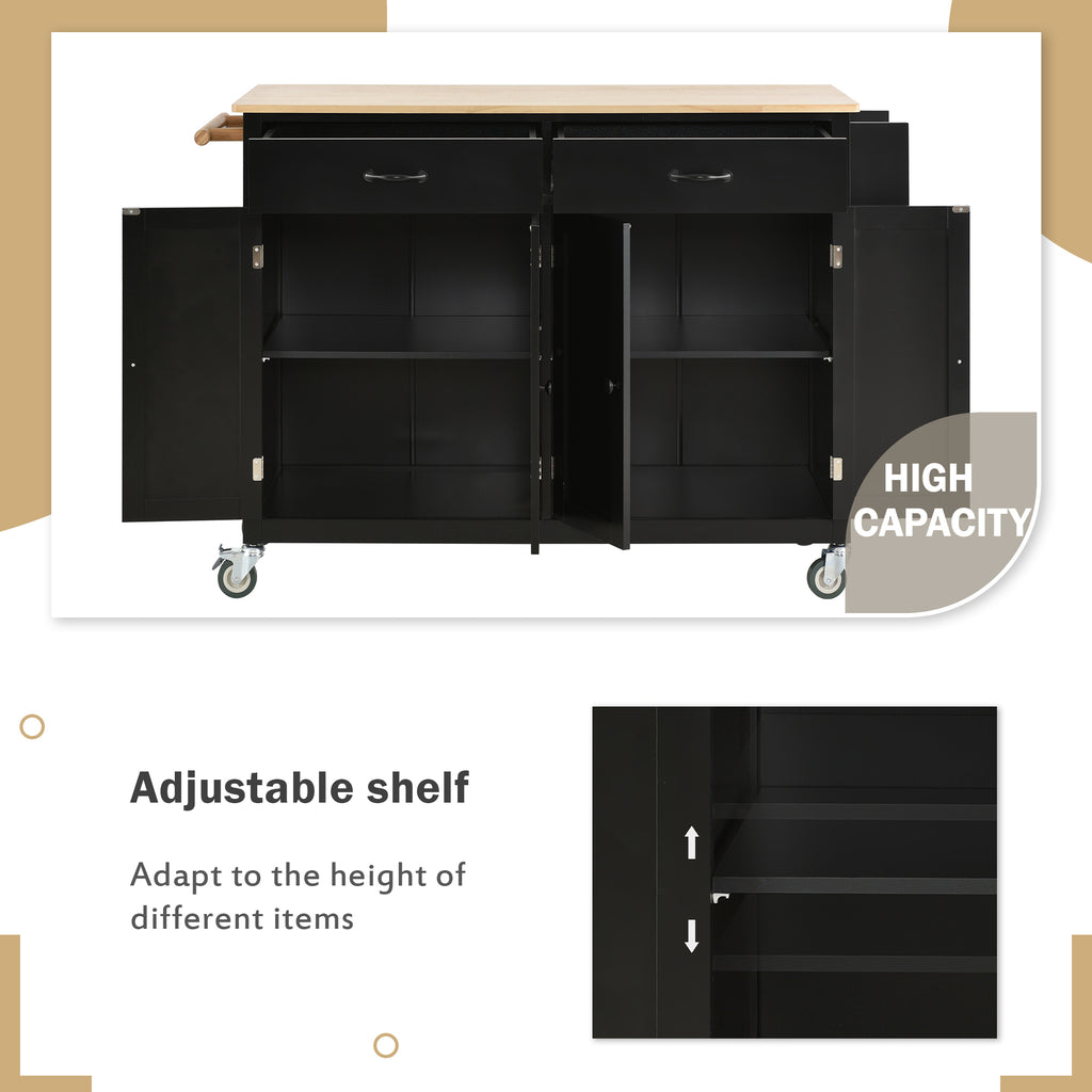 Kitchen Island Cart with Solid Wood Top and Locking Wheels,54.3 Inch Width,4 Door Cabinet and Two Drawers,Spice Rack, Towel Rack (Black) - Grand Goldman Shop