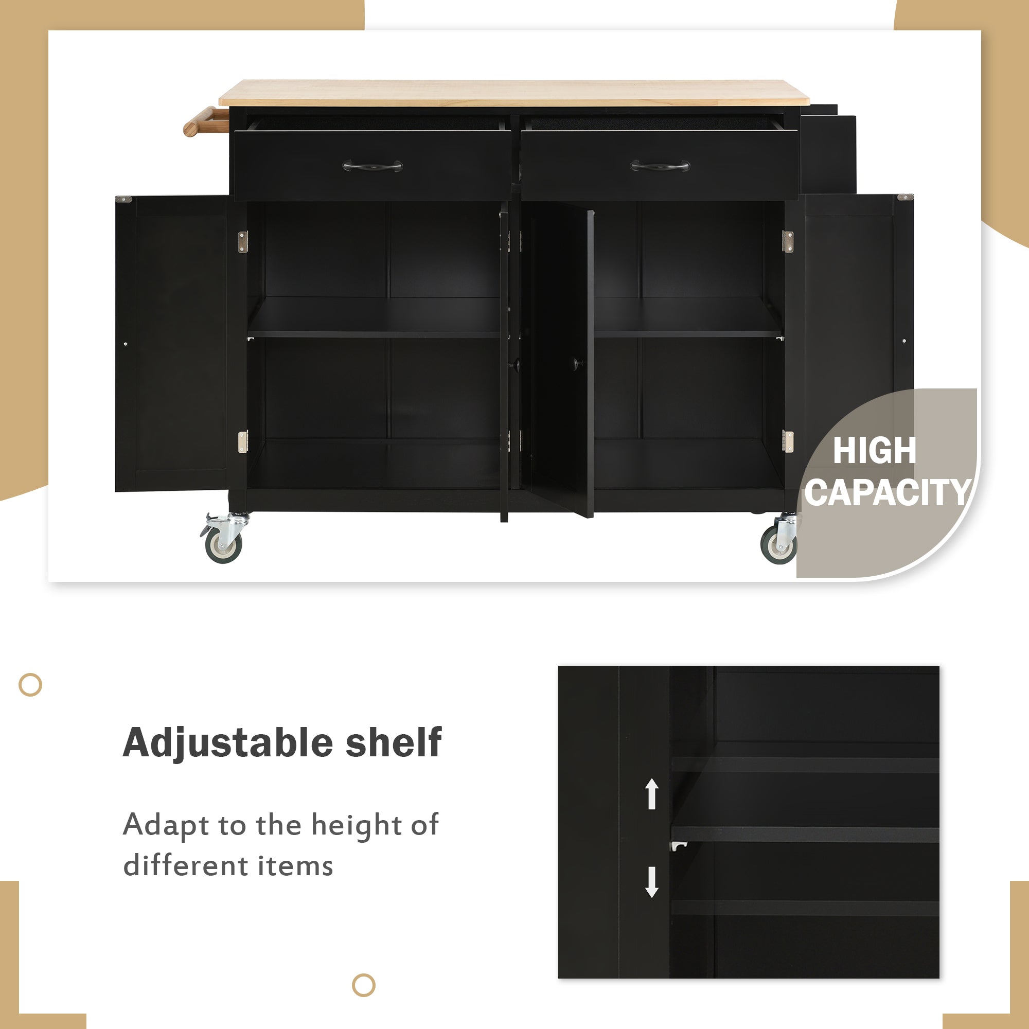 Kitchen Island Cart with Solid Wood Top and Locking Wheels,54.3 Inch Width,4 Door Cabinet and Two Drawers,Spice Rack, Towel Rack (Black) - Grand Goldman Shop