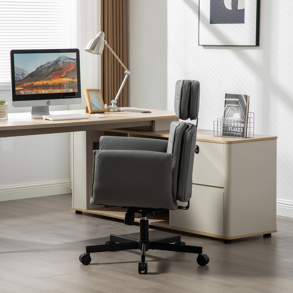 Criss Cross Chair with Adjustable Armrests & Wheels & Headrest, PU Lounge Vanity Desk Chair with Wide Seat for Cross-Legged S