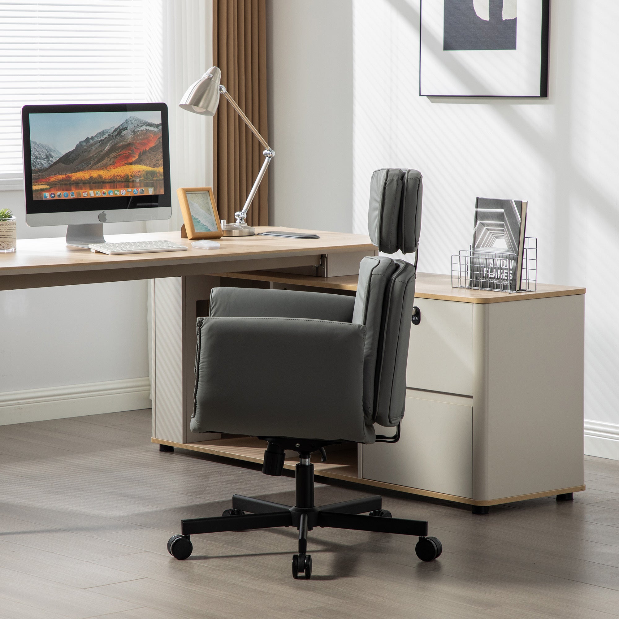 Criss Cross Chair with Adjustable Armrests & Wheels & Headrest, PU Lounge Vanity Desk Chair with Wide Seat for Cross-Legged S