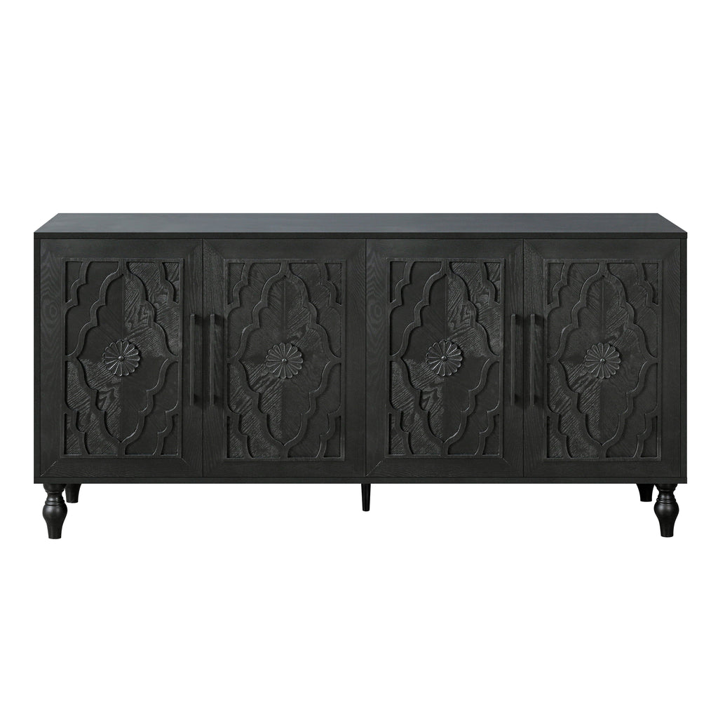 Carved Flower Door Large Storage Cabinet With Metal Handle Suitable For Living Room, Kitchen, Entryway(BLACK) - Grand Goldman Shop