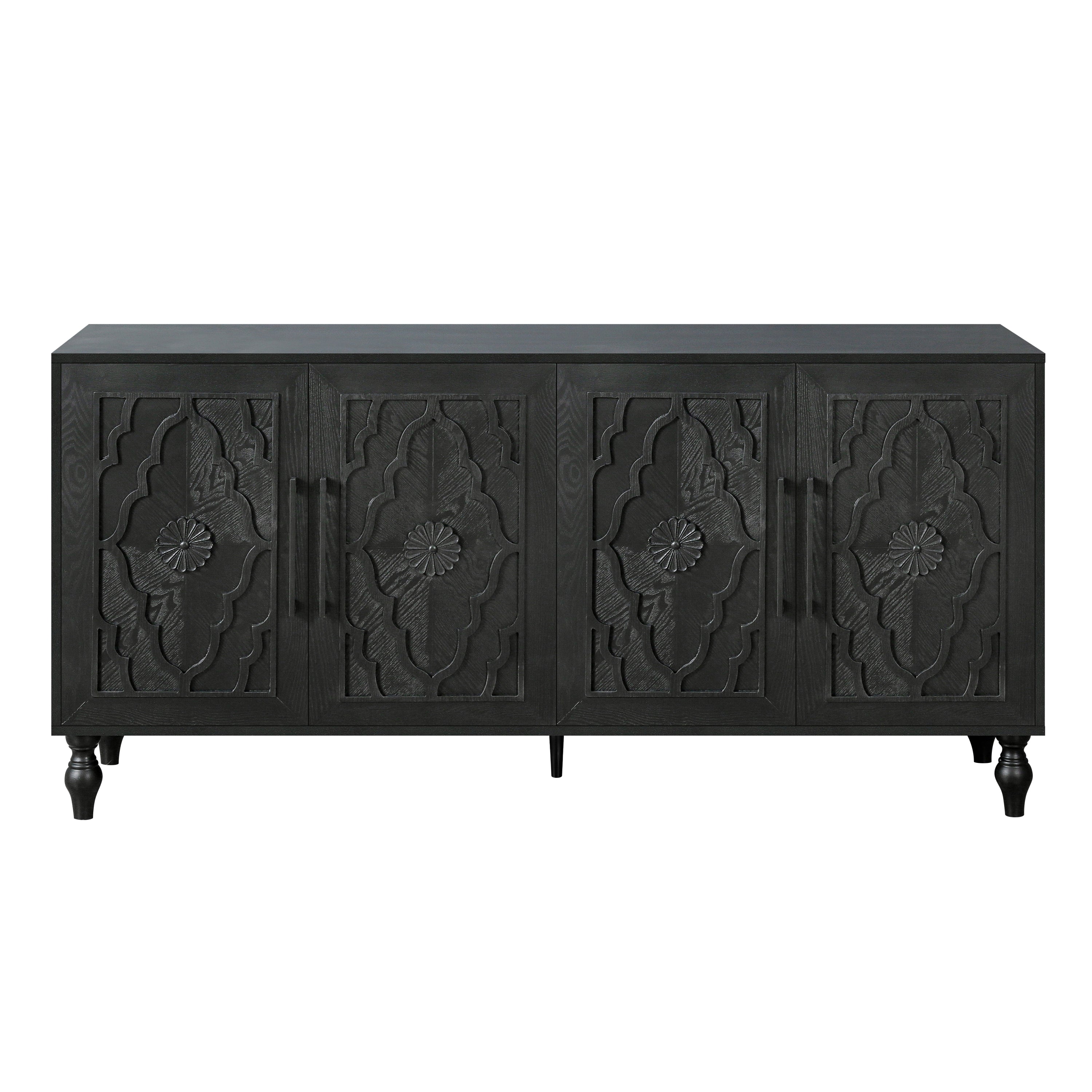 Carved Flower Door Large Storage Cabinet With Metal Handle Suitable For Living Room, Kitchen, Entryway(BLACK) - Grand Goldman Shop