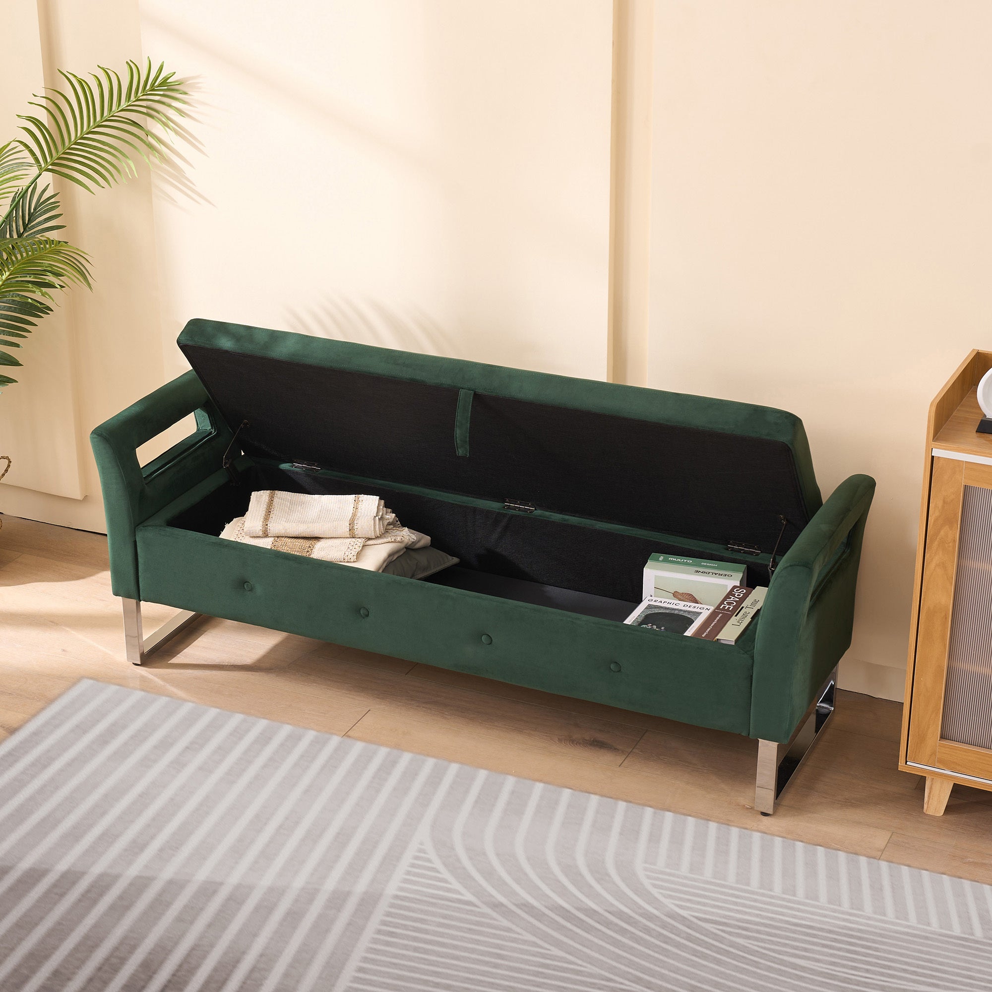 67.91' Wide Storage Soft Ottoman Bench with Armrests,Footrest Bed End Stool for Living Room, Dorm, Entryway and Bedroom, Green - Grand Goldman Shop