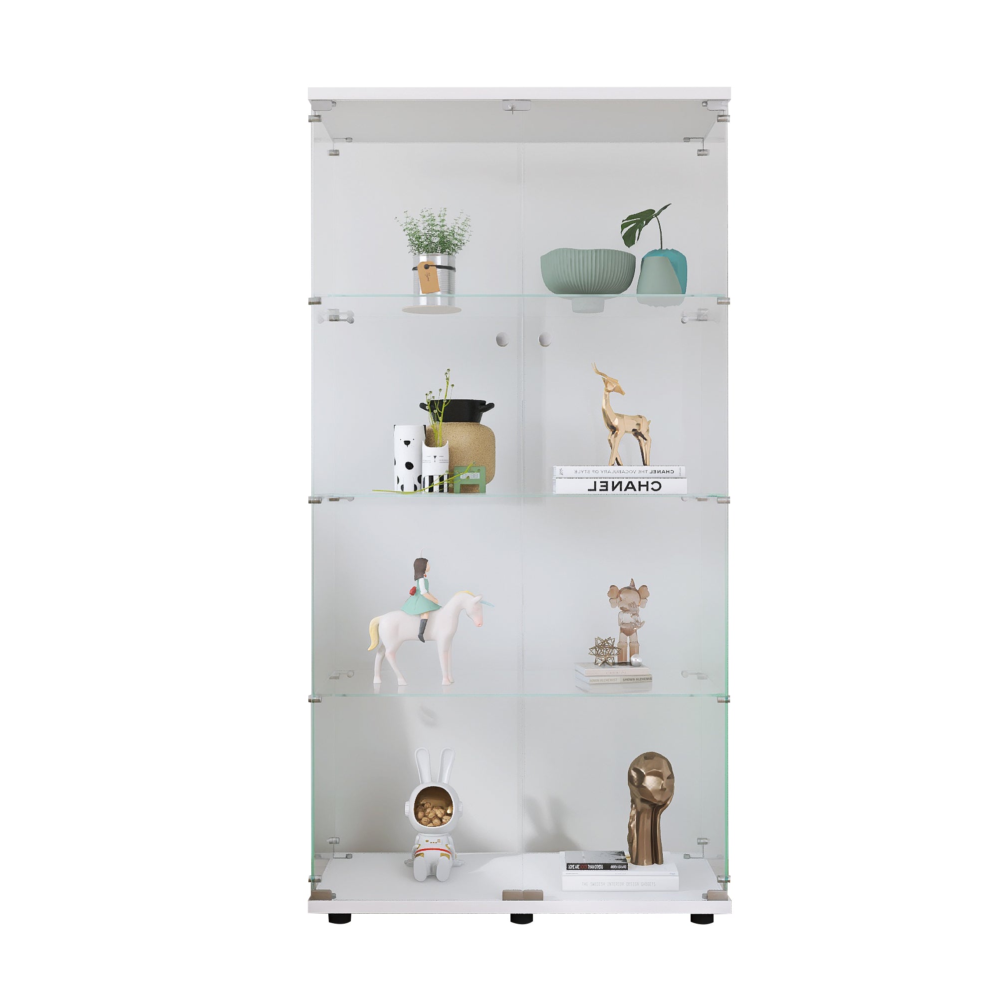 Two-door Glass Display Cabinet 4 Shelves with Door, Floor Standing Curio Bookshelf for Living Room Bedroom Office, 64.7'*31.7